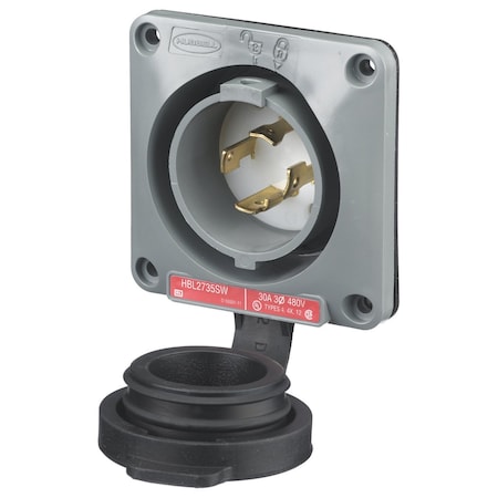 Hubbell Wiring Device-Kellems Watertight Flanged Locking Inlet, 30 A, 480V AC, Three Phase, 3 Pole, Flush Mount, Screw Terminals HBL2735SW